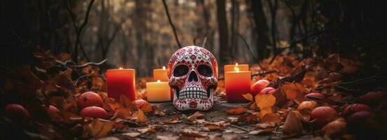 dag av de död- skallar. dia de los muertos. dag av de död- och mexikansk halloween bakgrund. mexikansk tradition festival. dag av de död- socker skalle. dia de los muertos, generera ai foto