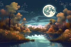 natt landskap miljö skörda måne över en glittrande sjö frodig vegetation björkträ träd, blommor, magisk galax. 3d teckning digital konst, generera ai foto