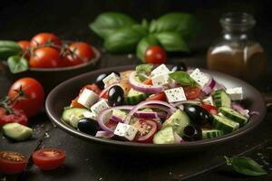 grekisk sallad med färsk grönsaker, fetaost ost, kalamata oliver, torkades oregano, röd vin vinäger och oliv olja. friska mat, generera ai foto