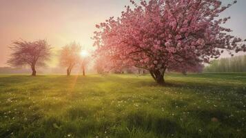 körsbär blommor trädgård upplyst med soluppgång strålar, generera ai foto