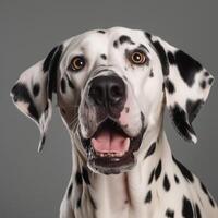 porträtt av dalmatian hund med överraskad ansikte ai genererad foto