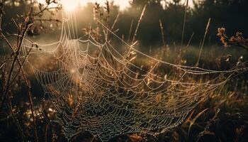 skinande dagg droppar på Spindel webb fälla genererad förbi ai foto