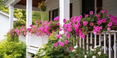 blomning blommor på de veranda hus ai genererad foto