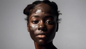 skön afrikansk kvinna ler med våt hud genererad förbi ai foto