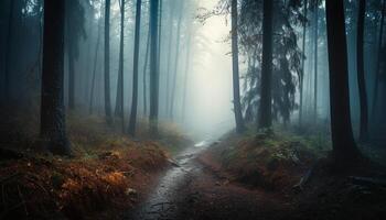 dimmig skog mysterium, läskigt höst äventyr väntar genererad förbi ai foto