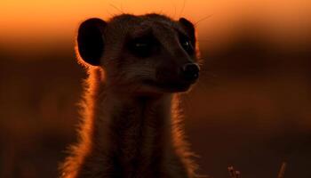 söt meerkat stående i afrikansk vildmark tittar på solnedgång genererad förbi ai foto