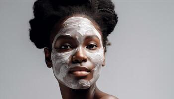 ung afrikansk kvinna gäller fuktkräm för mjuk hud genererad förbi ai foto