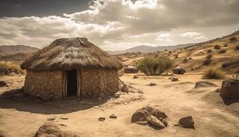 afrikansk hydda på torr berg landskap, övergiven genererad förbi ai foto