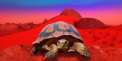 en sköldpadda i en efterrätt med färgrik bakgrund ai genererad foto