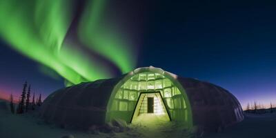 aurora borealis över en igloo i artic ai genererad foto