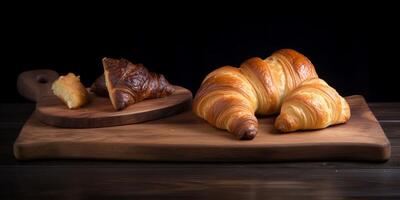 färsk croissant på en trä- styrelse ai genererad foto