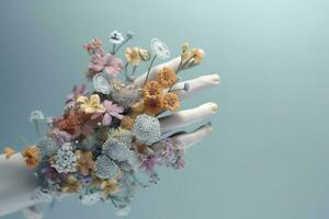 mänsklig hand med blommor, pastell färger, på blå bakgrund, 3d framställa och illustration, generera ai foto