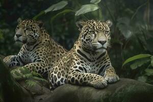 en par av jaguarer vilar på en klippig uthuggning, generera ai foto