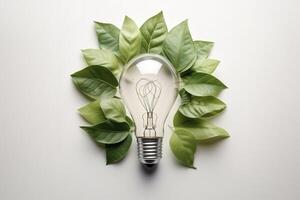 miljövänlig glödlampa från färsk löv topp se, begrepp av förnybar energi och hållbar levande, skapas med generativ ai teknologi foto