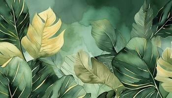 tropisk lövverk vattenfärg bakgrund vektor. sommar botanisk design med guld linje konst, monstera blad, grön vattenfärg textur. lyx tropisk illustration för baner , generera ai foto