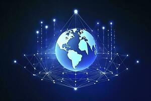 global nätverk på jord begrepp. 3d tolkning, värld Karta punkt. stor data analys och företag begrepp, värld Karta punkt och linje sammansättning begrepp av global företag, generera ai foto