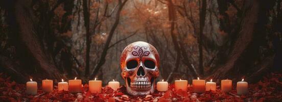 dag av de död- skallar. dia de los muertos. dag av de död- och mexikansk halloween bakgrund. mexikansk tradition festival. dag av de död- socker skalle. dia de los muertos, generera ai foto