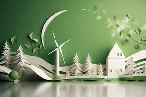 papper konst, förnybar energi med grön energi sådan som vind turbiner, förnybar energi förbi 2050 kol neutral energi, energi konsumtion, och co2, minska co2 utsläpp begrepp, generera ai foto