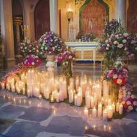 magnifik dekoration av en bröllop ceremoni med original- detaljer och ljus, original färgrik blommor ,belysning , generat ai foto