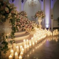 magnifik dekoration av en bröllop ceremoni med original- detaljer och ljus, original färgrik blommor ,belysning , generat ai foto