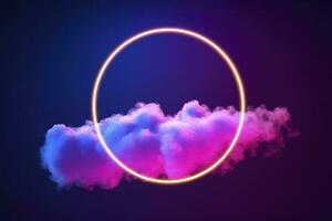3d framställa, abstrakt moln upplyst med neon ljus ringa på mörk natt himmel. lysande geometrisk form, runda ram, generera ai foto