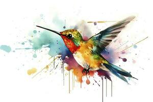 skapa en skön målning av en kolibri matning på nektar vattenfärg målning, skön naturlig former, knaprig rena former, färgrik, vit bakgrund, generera ai foto