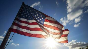 bakgrundsbelyst oss nationell flagga flygande och vinka i de vind över grå stormig molnig himmel, symbol av amerikan patriotism, låg vinkel, generera ai foto