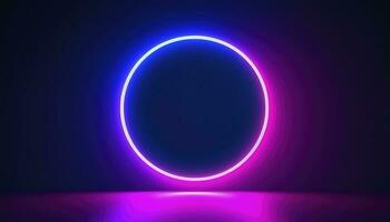 3d framställa, blå rosa neon runda ram, cirkel, ringa form, tömma Plats, ultraviolett ljus, 80s retro stil, mode visa skede, abstrakt bakgrund, generera ai foto