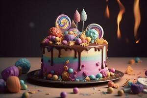 firande fest födelsedag kaka med massor av glasyr och dekorationer, generativ ai foto