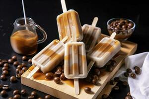 tapioka latte popsicles. frysta tapioka boba bollar kaffe frappe, is grädde lollypops tillverkad med asiatisk kall tapioka kaffe, med kokos grädde och kola sås, generera ai foto