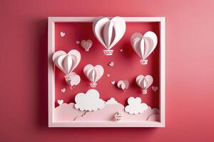 papper skära stil, valentine dag med hjärta ballong och kärlek, generativ ai foto