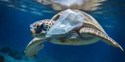 sköldpadda i vatten med en plast väska på dess mun ai genererad foto