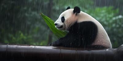 panda sitter i en regn ai genererad foto