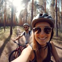selfie av en flicka och en kille på en cykel rida i de skog på en solig värma dag, genererad ai foto