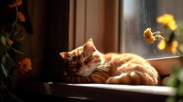 ingefära kattunge sover på de fönsterkarm i de Sol foto