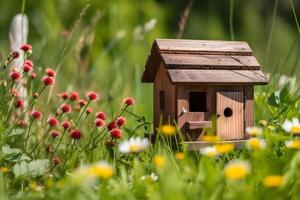 modell av en trä- hus i de gräs med vilda blommor. begrepp av förorts hus eller verklig egendom försäljning. ai genererad. foto