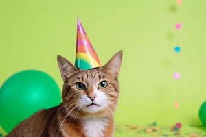 katt bär en fest hatt på grön bakgrund med de ballonger och kopia Plats. ai genererad. foto