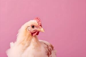 kyckling på rosa bakgrund med copyspace. lantbruk och jordbruk begrepp. ai genererad. foto
