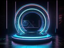 fantastisk cirkel hologram magi portaler. trogen runda skede med neon lampor. lysande runda skede på en mörk bakgrund. skapas med generativ ai teknologi foto