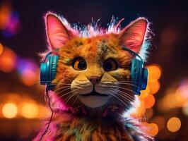 katt i stor hörlurar åtnjuter musik. skapas med generativ ai teknologi foto
