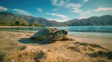 hav sköldpadda krypande på de sandig strand. illustration ai generativ foto