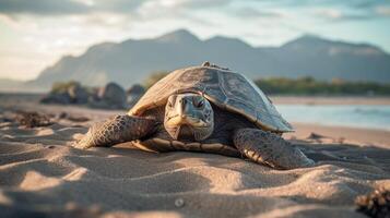 hav sköldpadda krypande på de sandig strand. illustration ai generativ foto