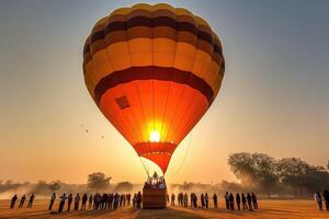 varm luft ballong på de jord landning eller startande till lansera med oigenkännlig människor, ai genererad foto