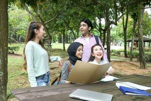 ung asiatisk malaysiska kinesisk man kvinna utomhus- parkera bok fil mapp bärbar dator dator telefon sitta stå studie blanda foto