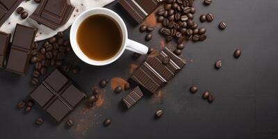 choklad barer och en kopp av kaffe ai genererad foto