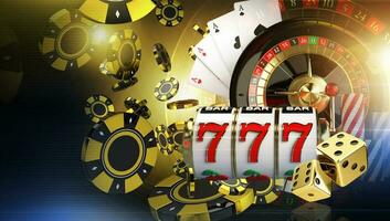 kasino spel konceptuell illustration med roulett, kort, tärningar spår maskin rulle och tokens foto