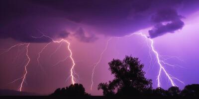 lila blixt- storm med lila och orange himmel ai genererad foto