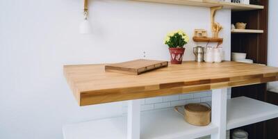 trä- tabell i kök med hylla bakgrund ai genererad foto