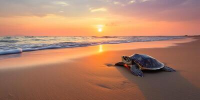 sköldpadda på de strand på solnedgång ai genererad foto