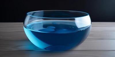 små glas skål med blå flytande i den ai genererad foto